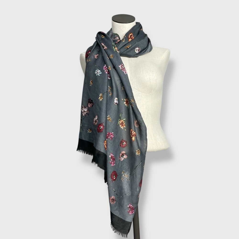 Gauzy Floral Scarf Gray Rectangular Raw Edge Fringe Polyester Women Lightweight